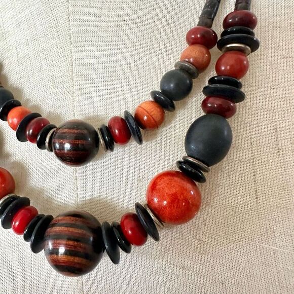 VINTAGE CAROL DAUPLAISE MULTI strand  WOOD & SHELL BEAD NECKLACE - Picture 5 of 11
